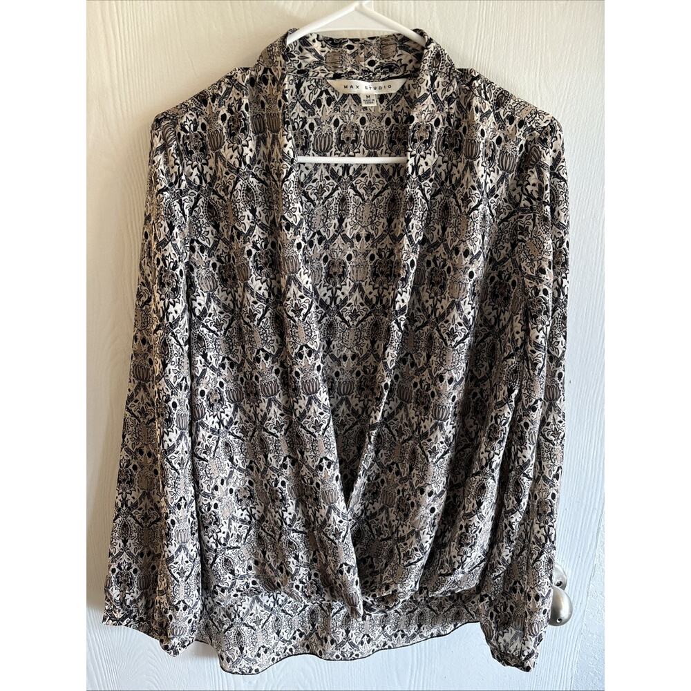 Max Studio women's blouse features a patterned, wrap-front design Size Medium